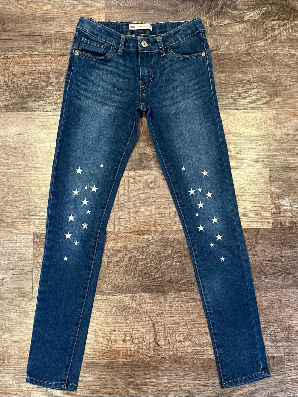 Levi’s Girls Dark Wash Skinny Jeans Metallic Silver Embroidered Stars 14 Regular